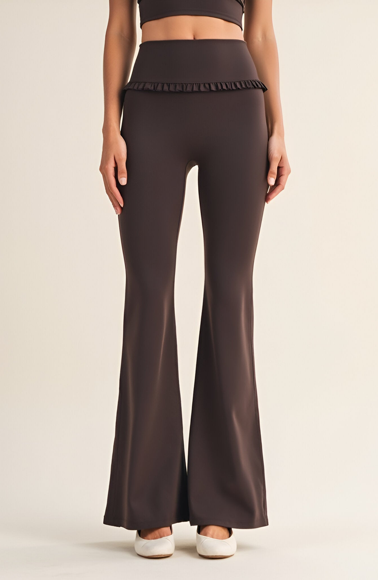 Modenaire High Waist Flare Pants with Ruffle Trim Waist and Stretch Fit, Main, color, 
