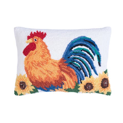 Rooster Farmhouse Sunflower Hooked Throw Pillow, 12" x 16"