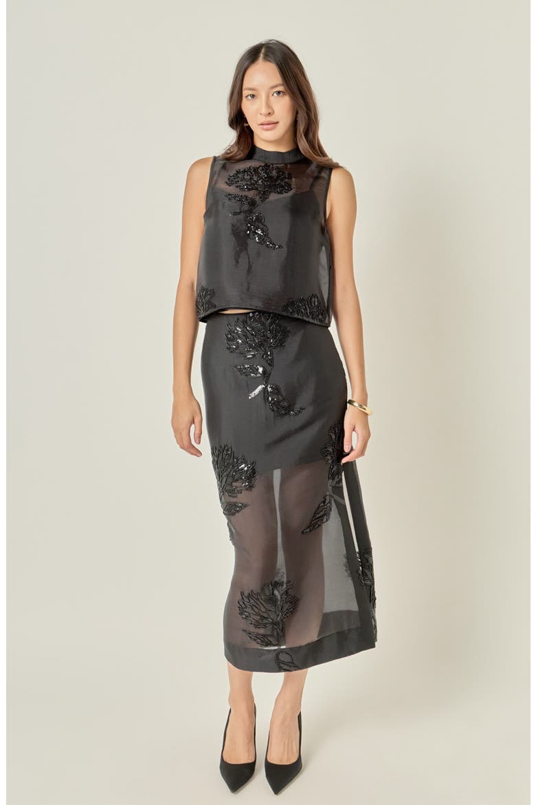 Floral Beaded Sheer Midi Skirt, Alternate, color, BLACK