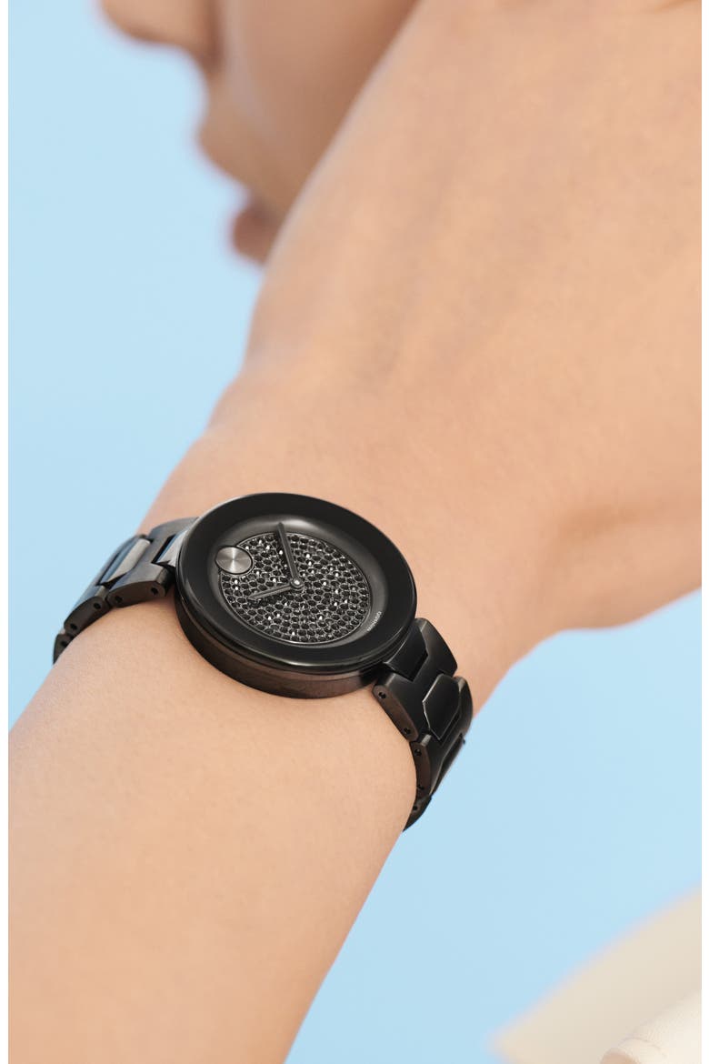 Bold Pavé T-Bar Bracelet Watch, 32mm, Alternate, color, BLACK