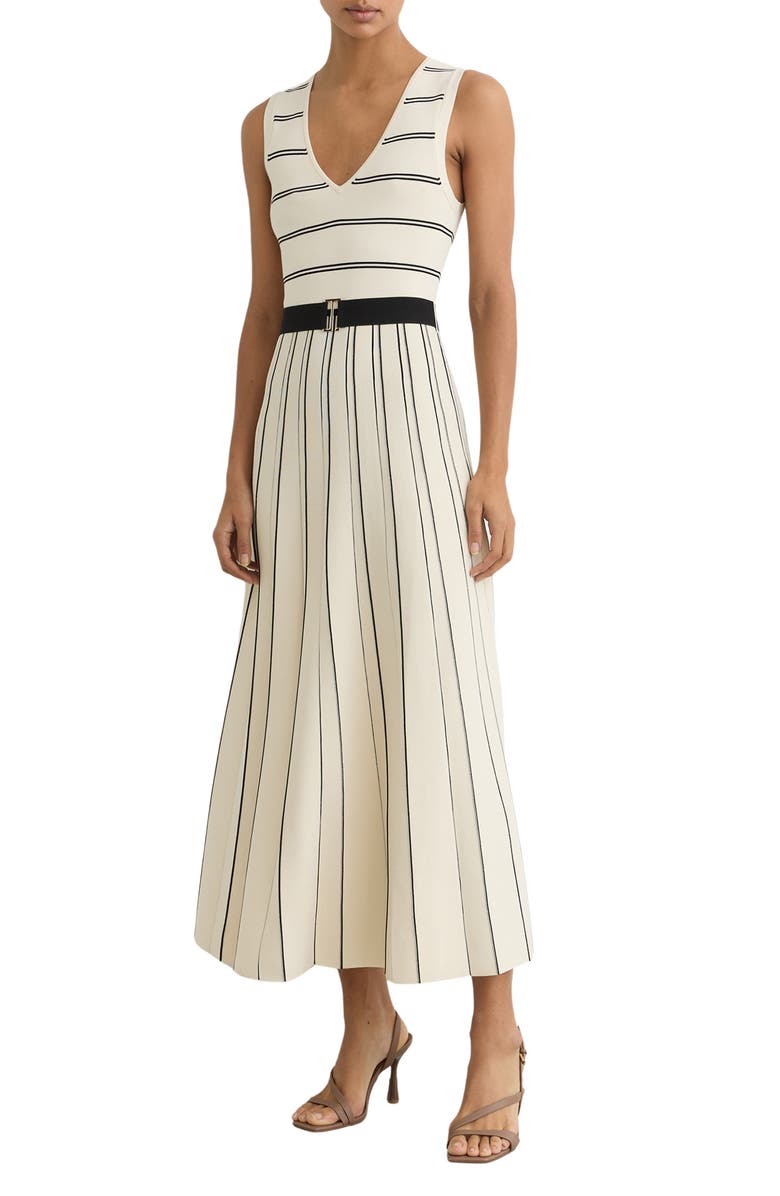 Reiss Mallory Sleeveless Stripe Knit Midi Dress, Main, color, Ivory/ Black
