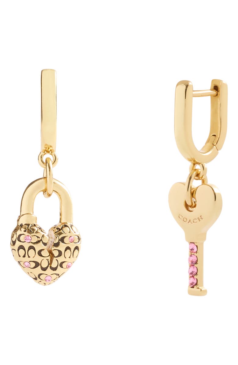 COACH Heart & Padlock Mismatched Earrings, Alternate, color, Shiny Gold