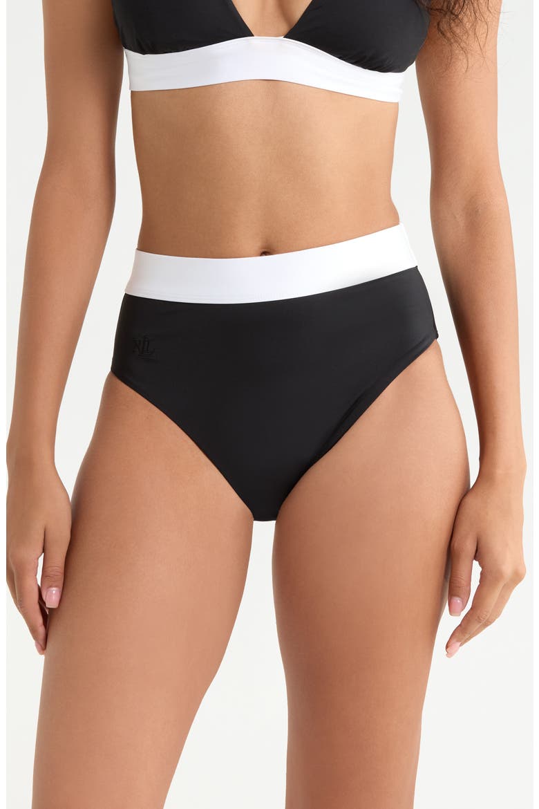 Banded High Waist Swim Briefs, Main, color, BLACK