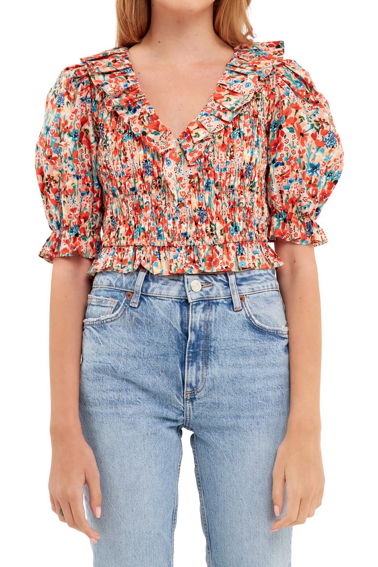 Floral Smocked Ruffle Cotton Top, Main, color, PEACH MULTI
