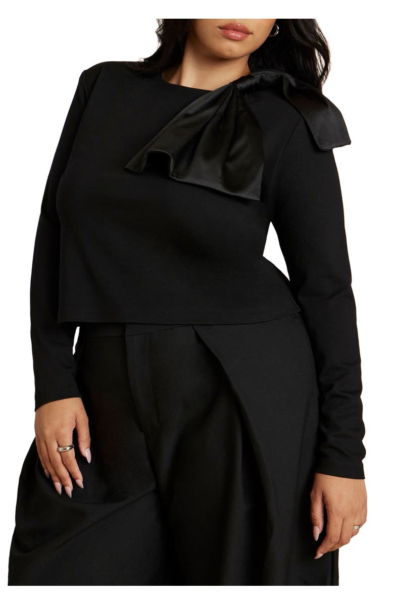 ELOQUII Strong Shoulder Top With Bow, Main, color, Black Onyx