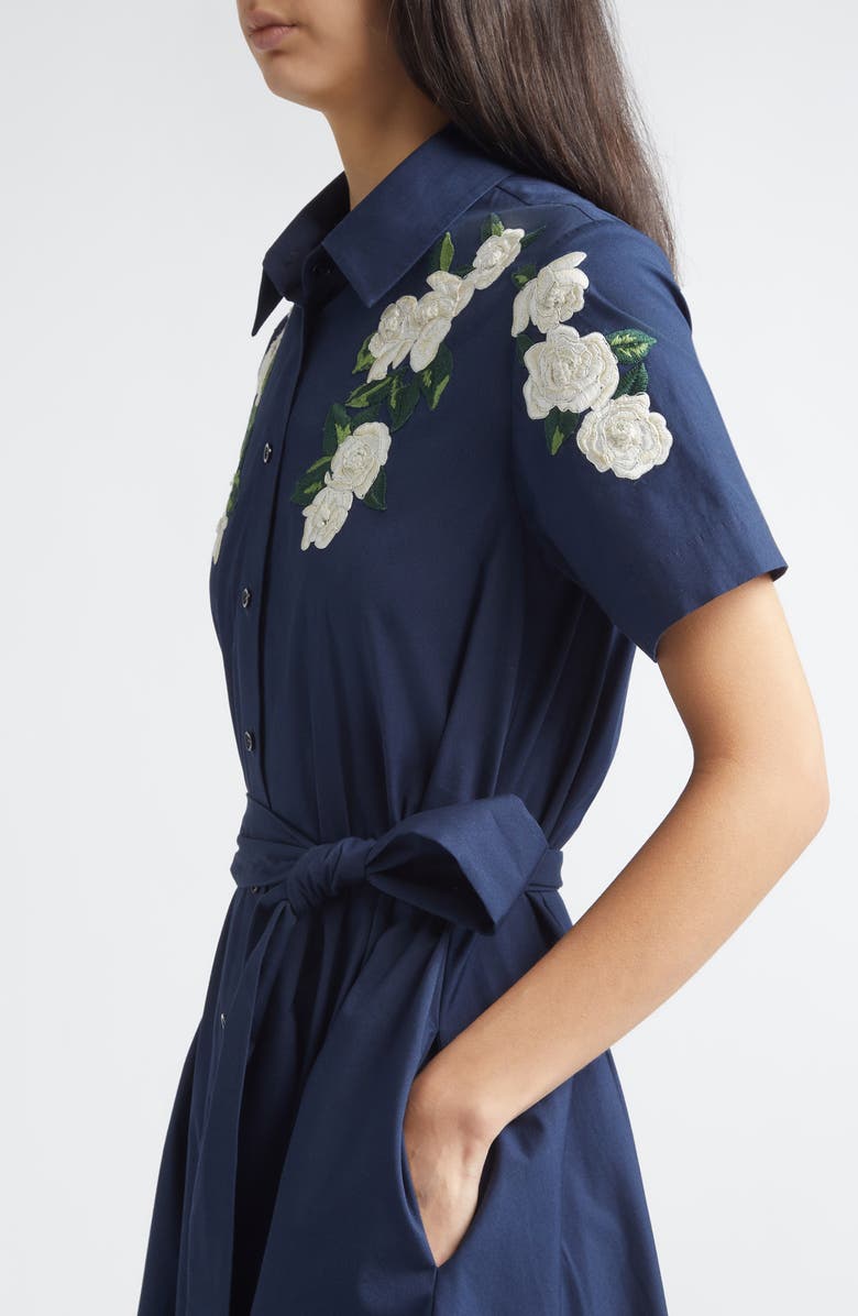 Carolina Herrera Floral Embroidered Midi Stretch Cotton Shirtdress, Alternate, color, Midnight