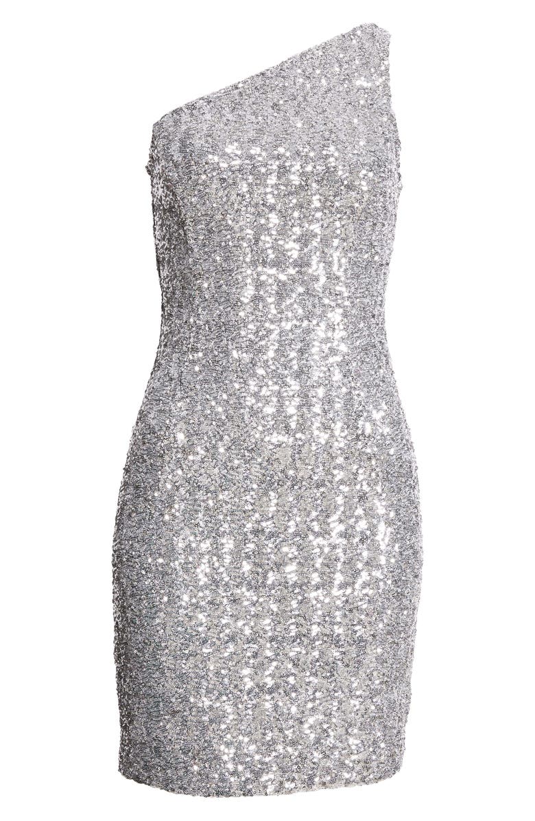 Michael Kors Collection Sequin Embroidered One-Shoulder Sheath Dress, Alternate, color, Silver