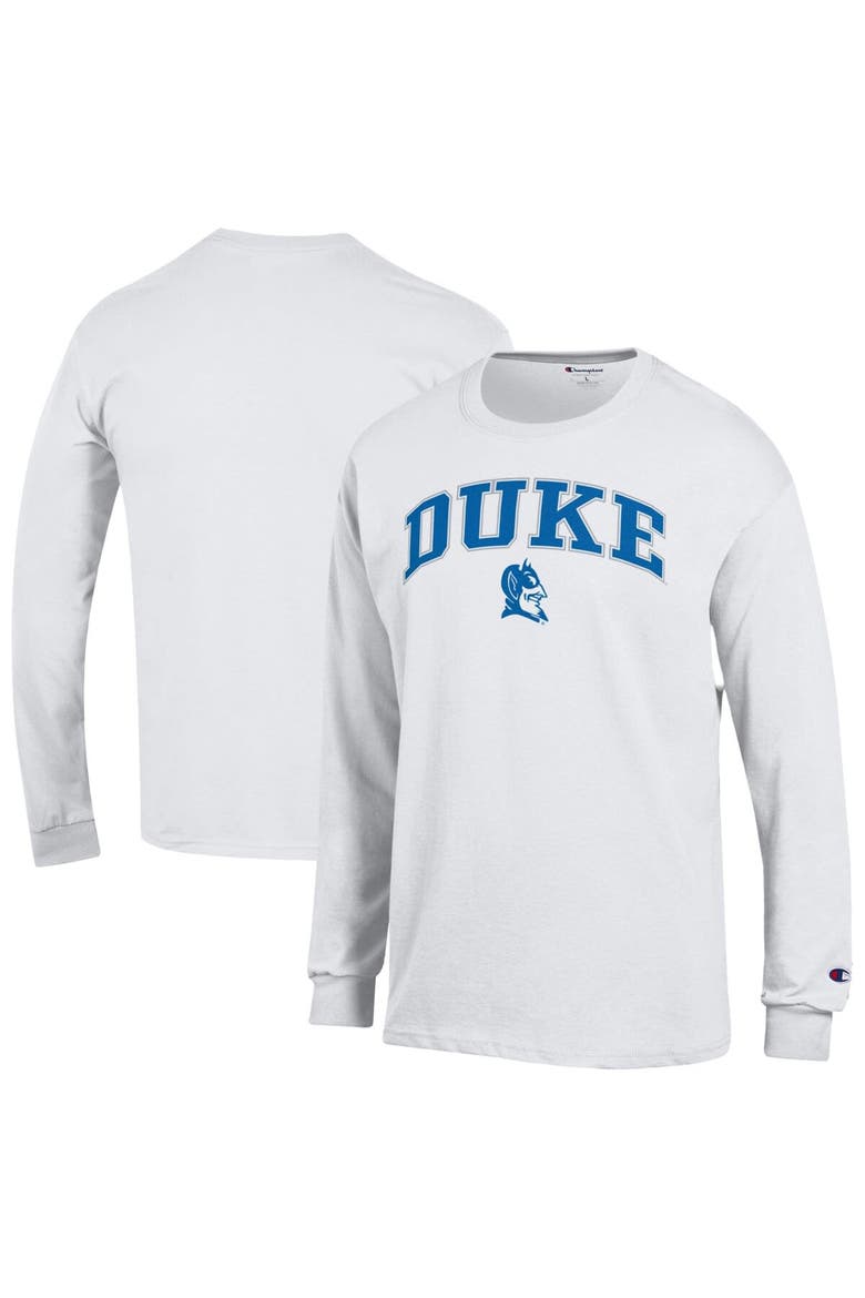 Men's Champion  White Duke Blue Devils Arch Over Logo Long Sleeve T-Shirt, Main, color, White