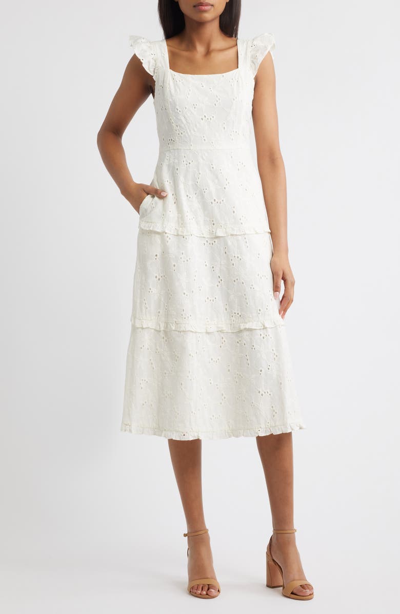 Anne Klein Embroidered Eyelet Cotton Tiered Midi Dress, Main, color, Pearl White