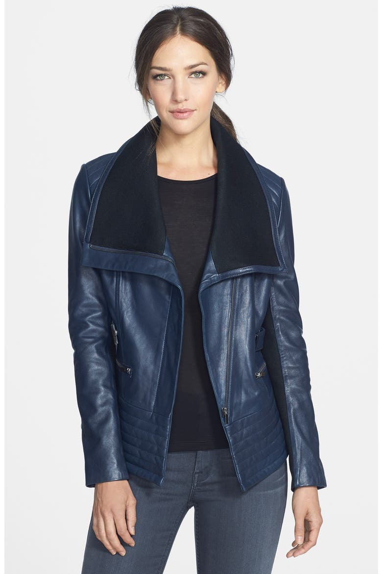 Badgley Mischka 'Kaya' Knit Collar Leather Biker Jacket, Main, color, NAVY/ BLACK