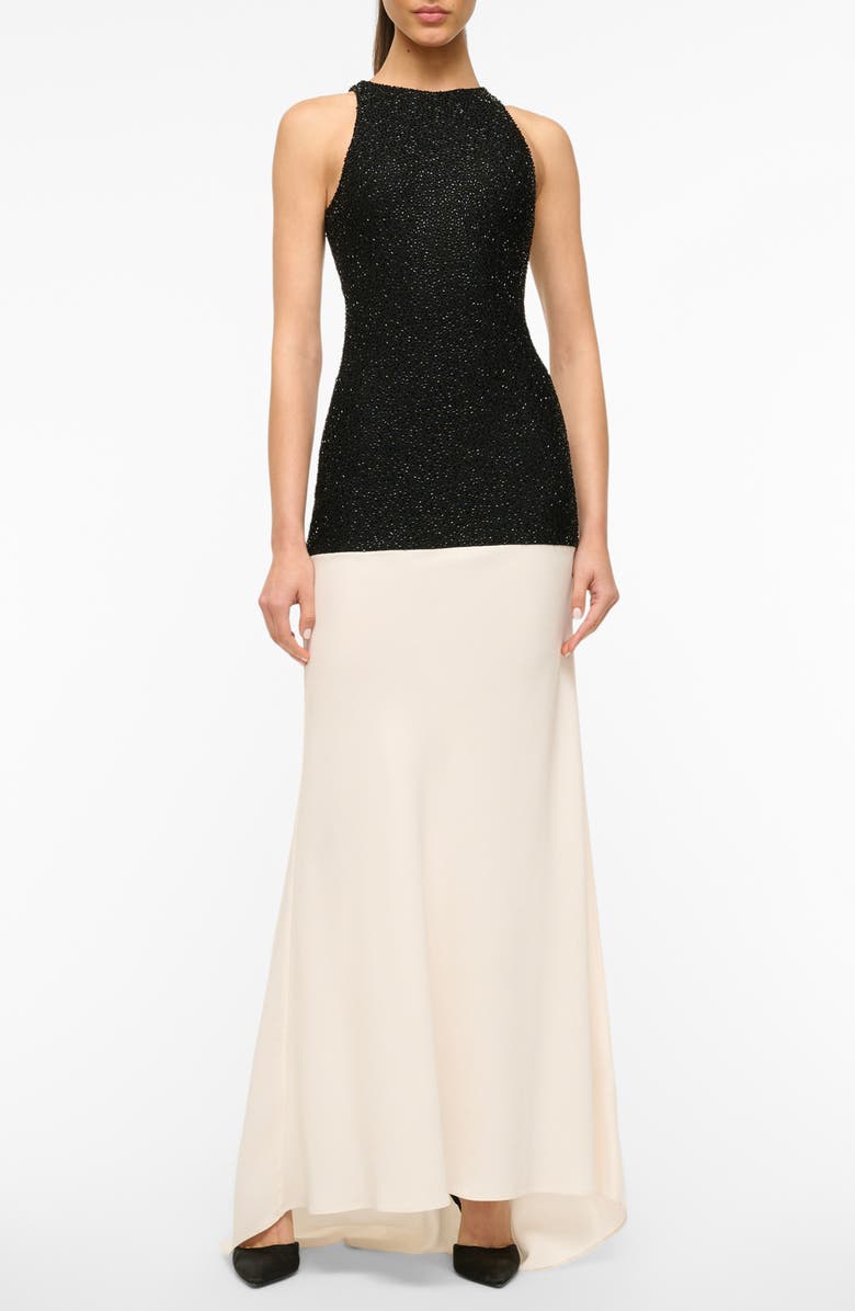 STAUD Gabrielle Beaded Detail Mixed Media Gown, Main, color, Black / Ivory