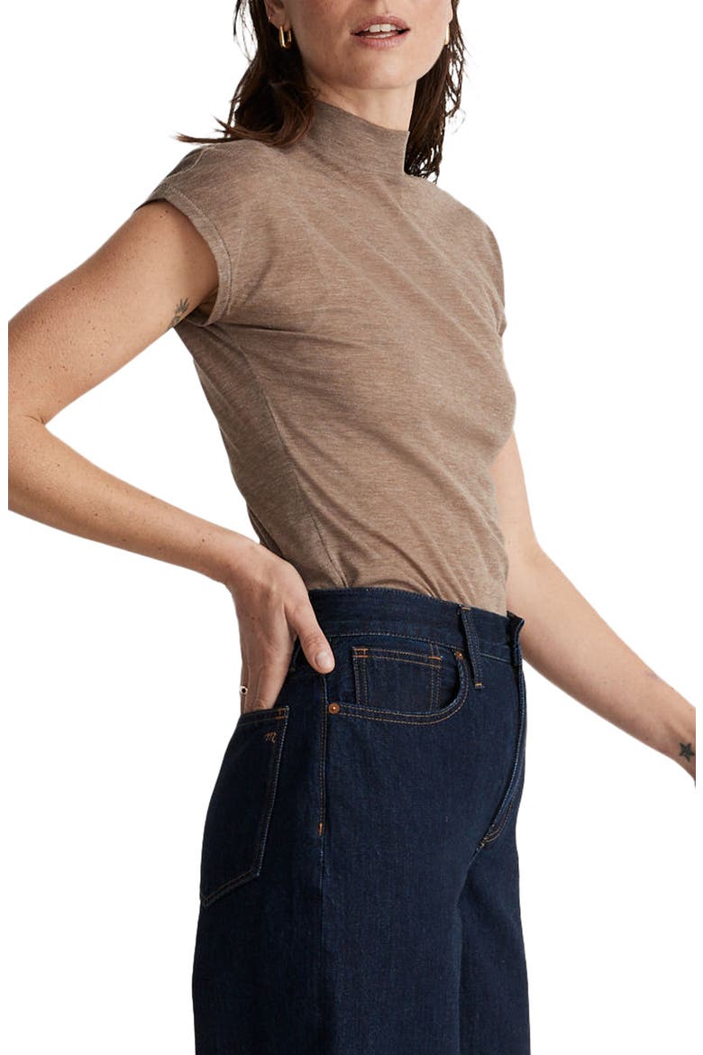 Sheer Ribbed Mock Neck T-Shirt, Alternate, color, HEATHER FLAX