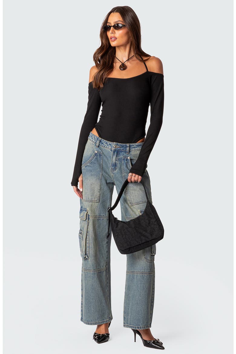 Model Off Duty Cold Shoulder Rib Bodysuit, Alternate, color, BLACK