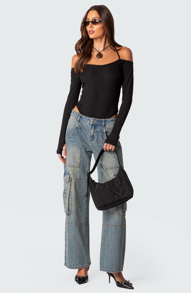 EDIKTED Model Off Duty Cold Shoulder Rib Bodysuit, Alternate, color, Black