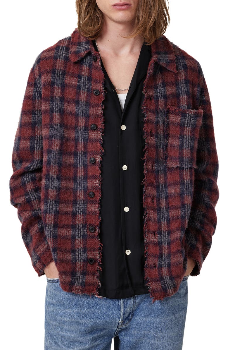 AllSaints Austin Plaid Cardigan, Alternate, color, Dark Brick Red