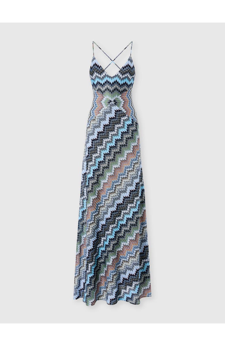 Missoni Long Dress With Crossed Straps In Chevron Viscose, Main, color, Green& Brown