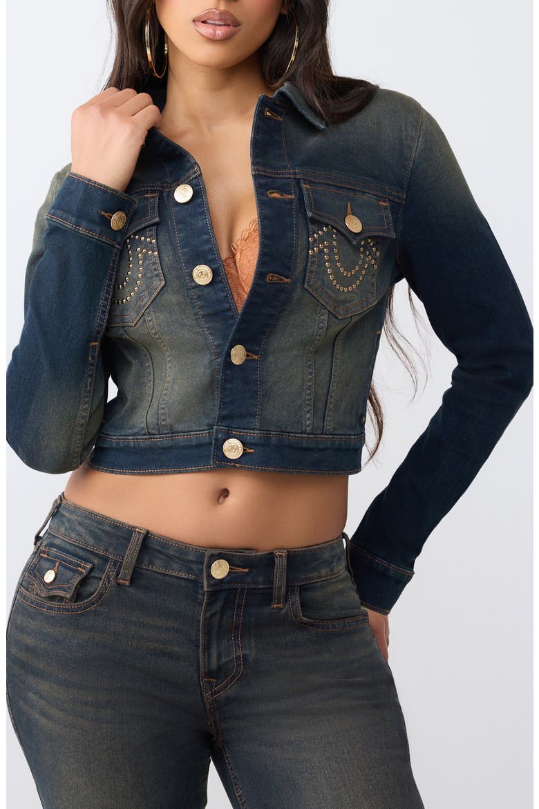 Studded Cropped Trucker Jacket, Main, color, DARK ECLIPSE WASH