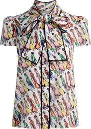 Alice + Olivia Jenie Stace Face Print Silk Button-Up Shirt