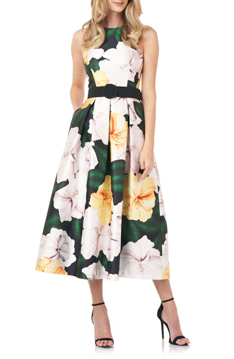 Kay Unger Floral Print Mikado Midi Cocktail Dress, Main, color, 
