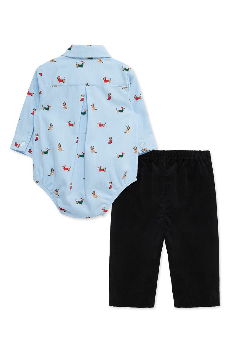 Little Me Holiday Pups Bodysuit, Pants & Bow Tie Set, Alternate, color, Blue Multi