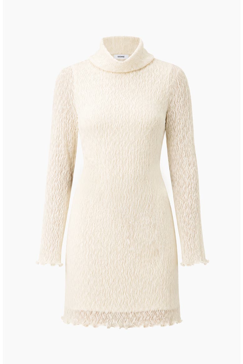 Crinkle-Knit Turtleneck Long-Sleeve Fitted Mini Dress, Alternate, color, Bone