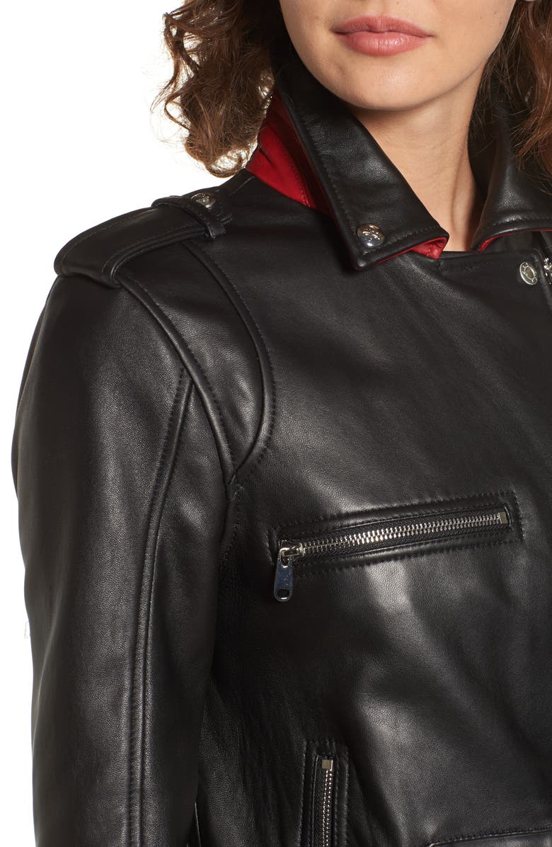 Sam Edelman Contrast Trim Leather Moto Jacket, Alternate, color, Black
