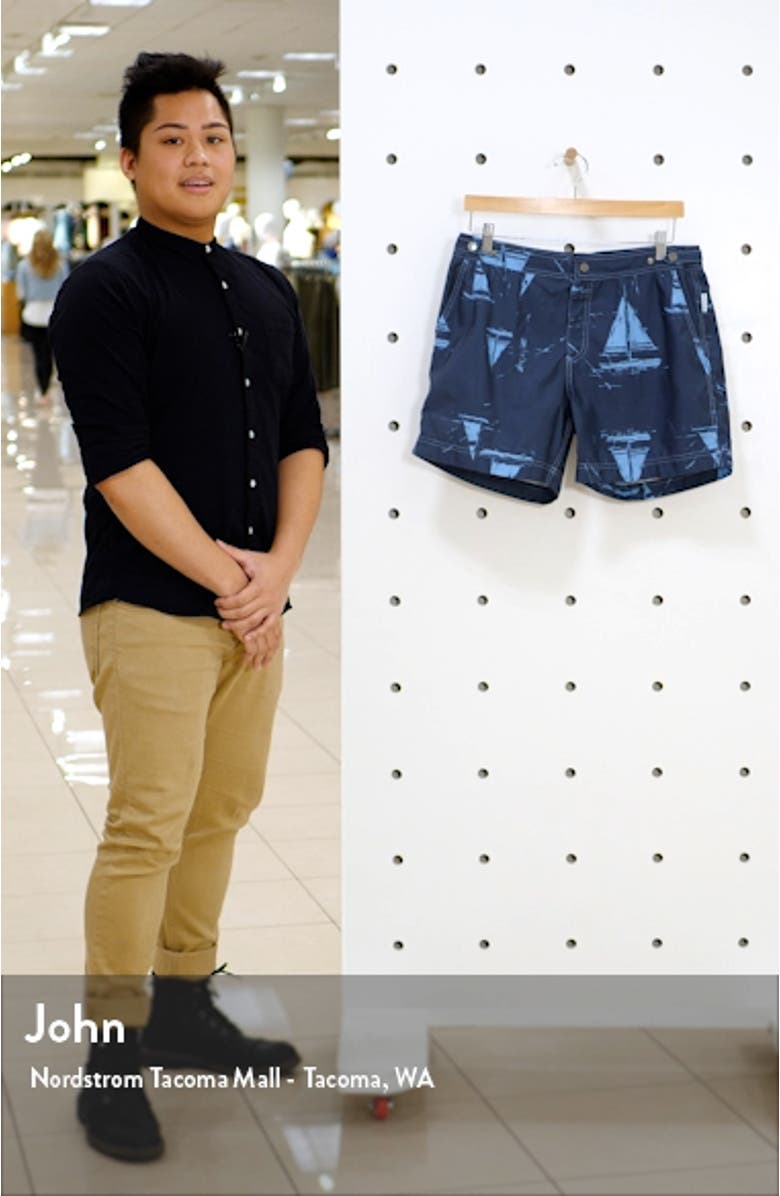 Sail Away Boat Print Hybrid Nylon Swim Trunks, sales video thumbnail