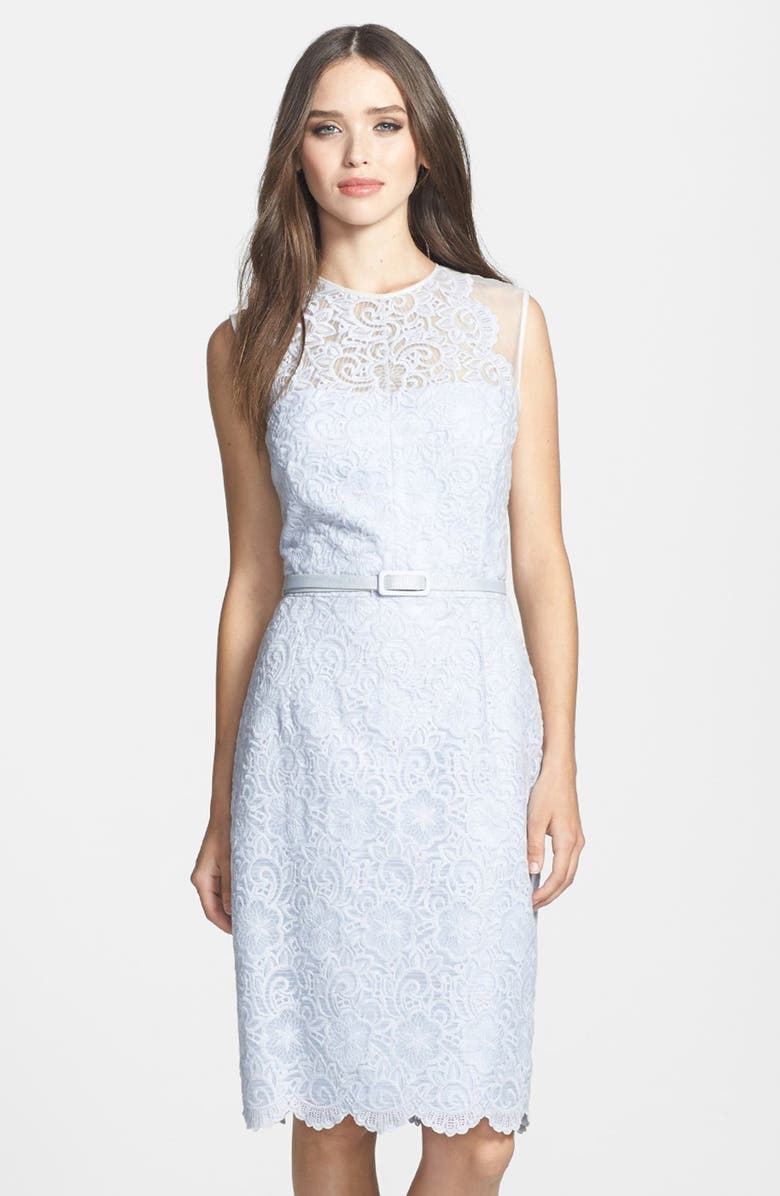 Maggy London Illusion Yoke Lace Organza Sheath Dress, Main, color, 