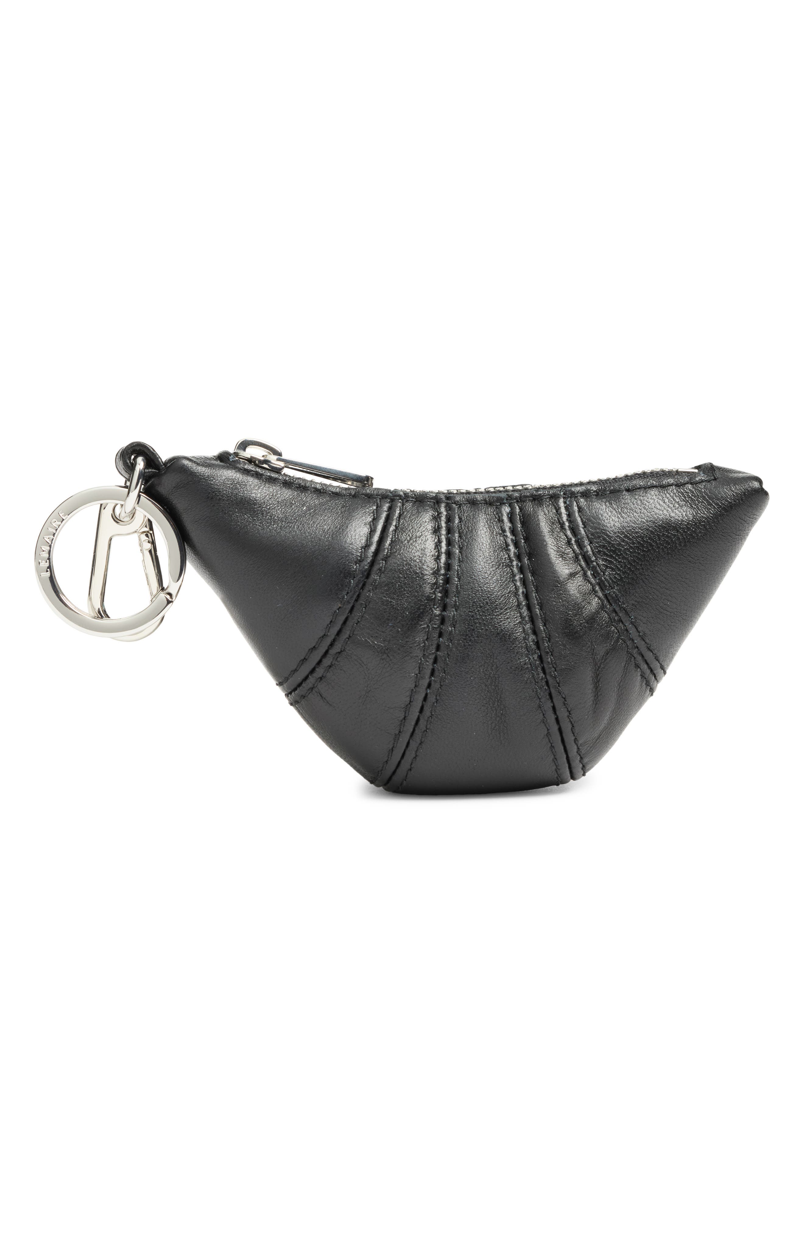Mini Leather Croissant Key Ring, Main, color, BLACK