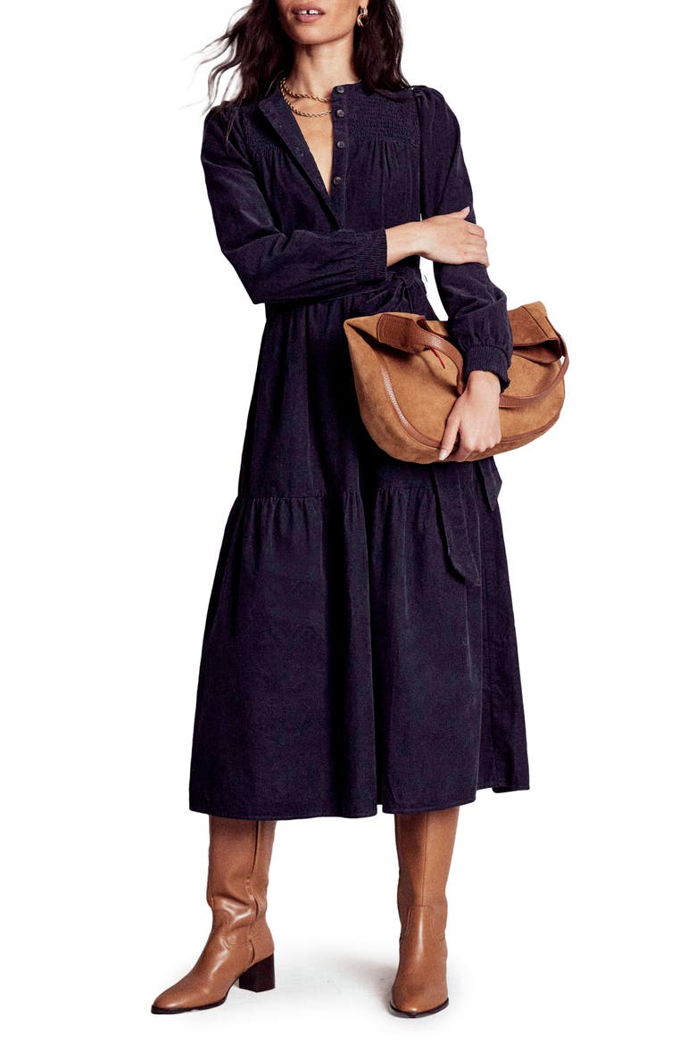 Cecily Belted Long Sleeve Cotton Corduroy Midi Dress, Main, color, NAVY