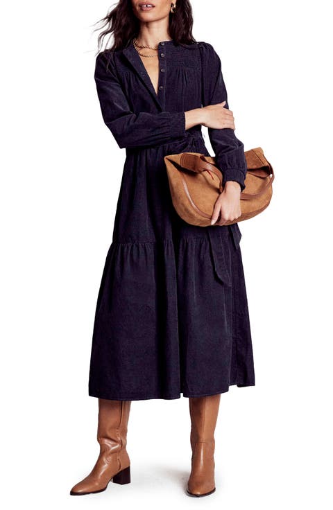 Cecily Belted Long Sleeve Cotton Corduroy Midi Dress