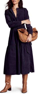 Boden Cecily Belted Long Sleeve Cotton Corduroy Midi Dress