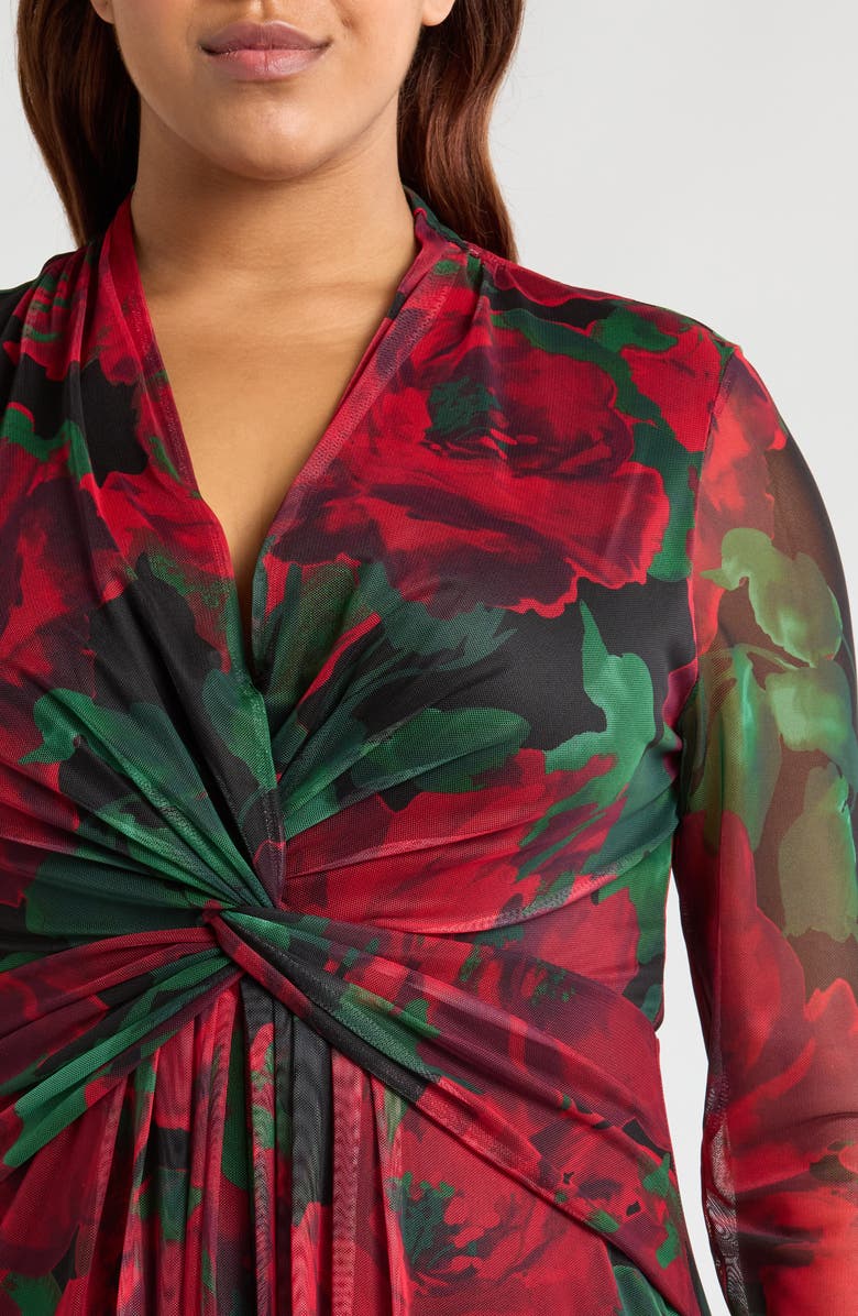 Anne Klein Floral Twist Front Long Sleeve Mesh Maxi Dress, Alternate, color, Titan Red Multi