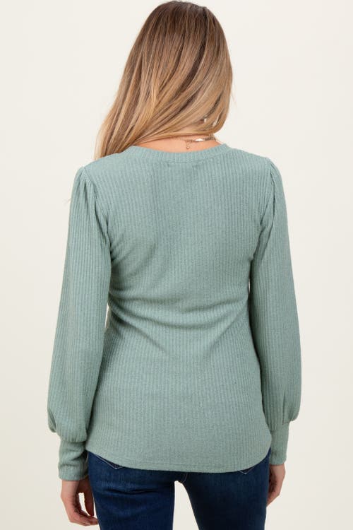 Pinkblush Ribbed Knit V-neck Button Cuff Top In Green