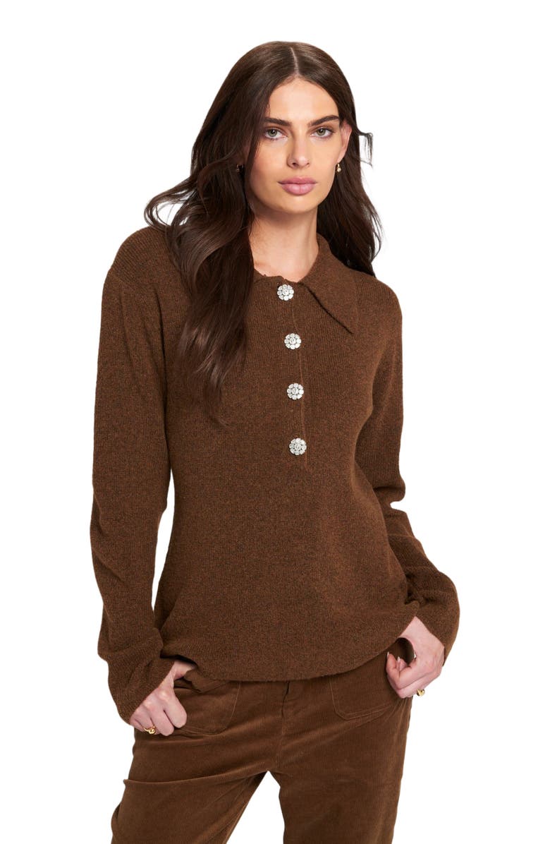 ELLE Collection Fuzzy Knit Jumper Henley Sweater, Alternate, color, Chocolate