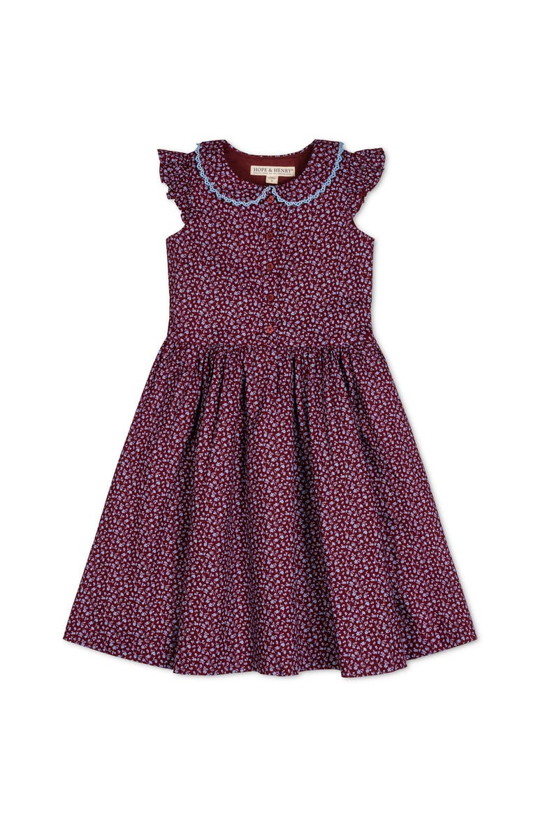 Kids' Flutter Sleeve Linen Dress with Peter Pan Collar, Main, color, Wine Ditsy Floral