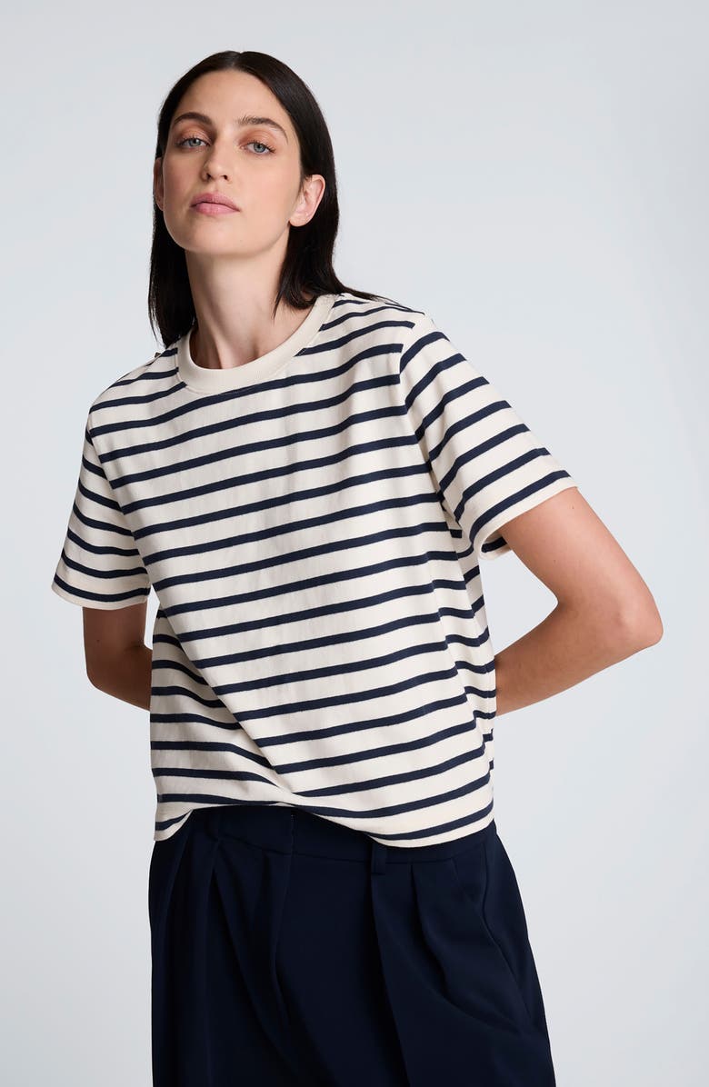 Kenneth Cole Stripe Boxy Cotton T-Shirt, Alternate, color, Oyster/ Dark Navy