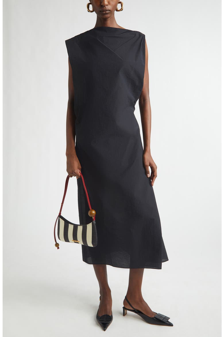 La Robe Drap Asymmetric Midi Dress, Main, color, BLACK