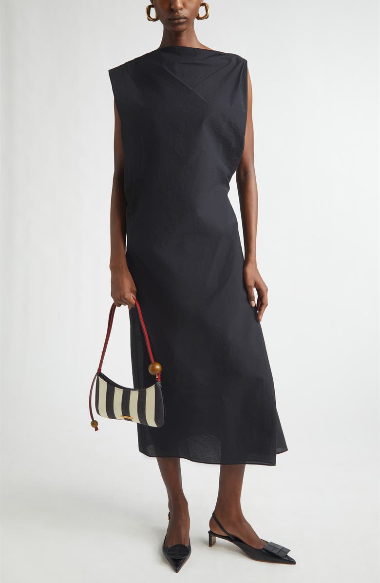 Jacquemus La Robe Drap Asymmetric Midi Dress, Main, color, Black