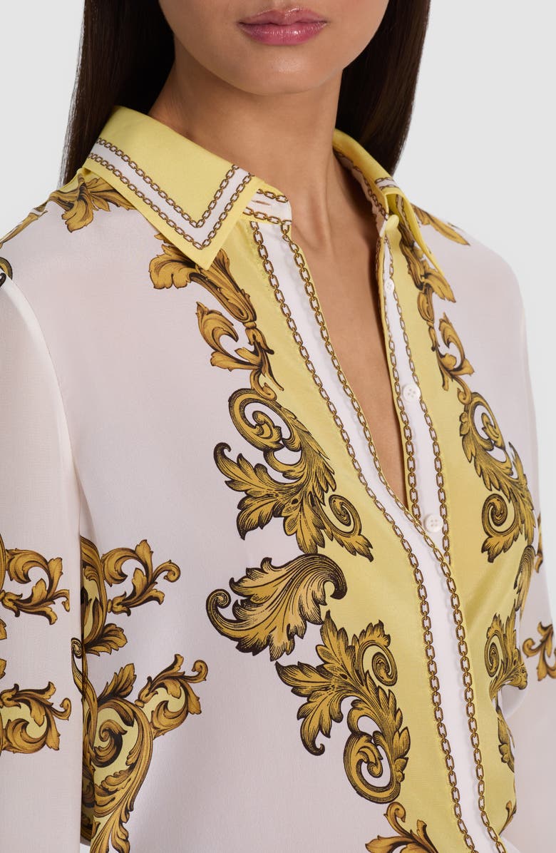 Alice + Olivia Willa Print Silk Button-Up Shirt, Alternate, color, Golden Coast