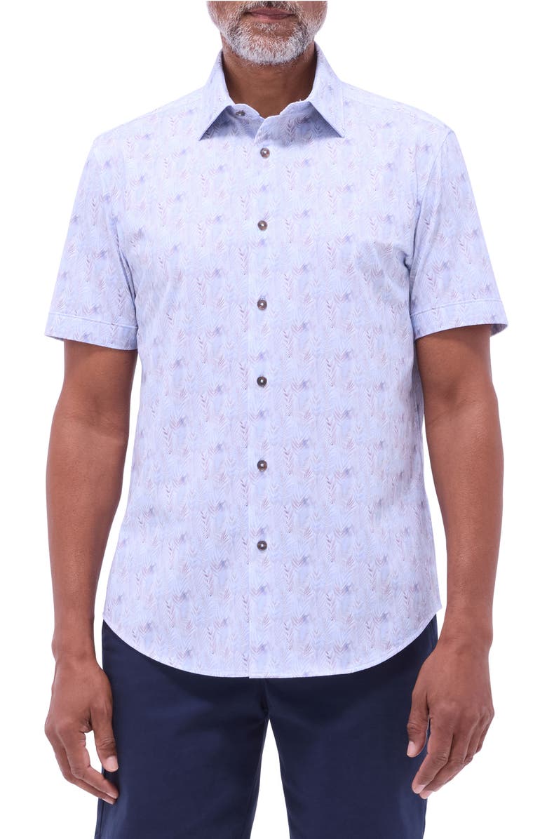 Bugatchi Miles OoohCotton<sup>®</sup> Leaf Print Short Sleeve Button-Up Shirt, Main, color, Air Blue