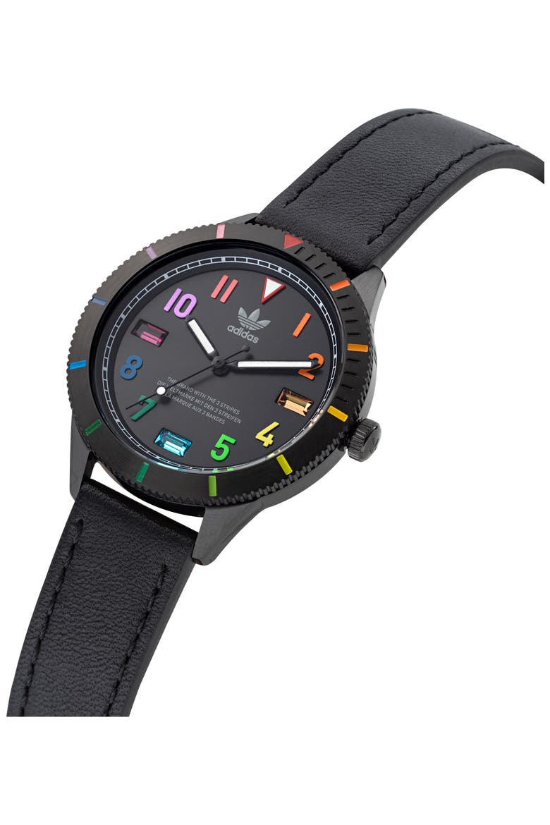 Edition Three Icon Leather Strap Watch, 36mm, Alternate, color, BLACK/ BLACK/ BLACK