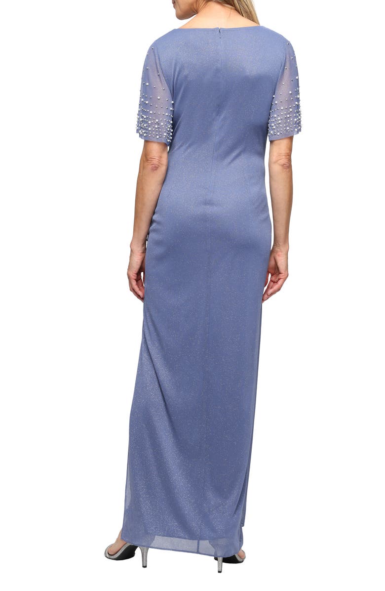 Alex Evenings Imitation Pearl Detail Metallic Gown, Alternate, color, Dusty Blue