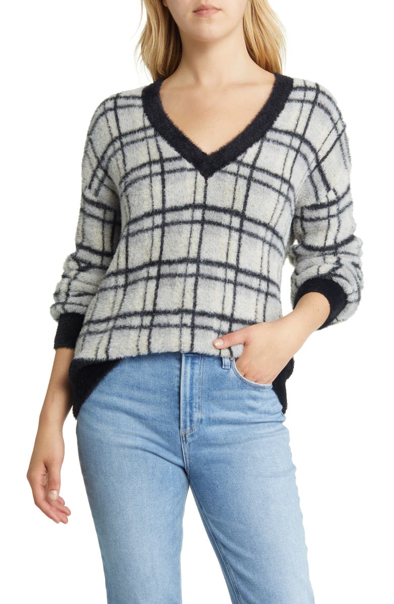 Halogen<sup>®</sup> V-Neck Plaid Jacquard Sweater, Main, color, 