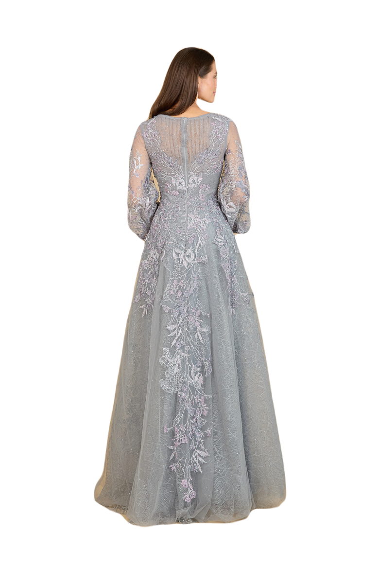 V Neckline Balloon Sleeve Gown, Alternate, color, Dusk