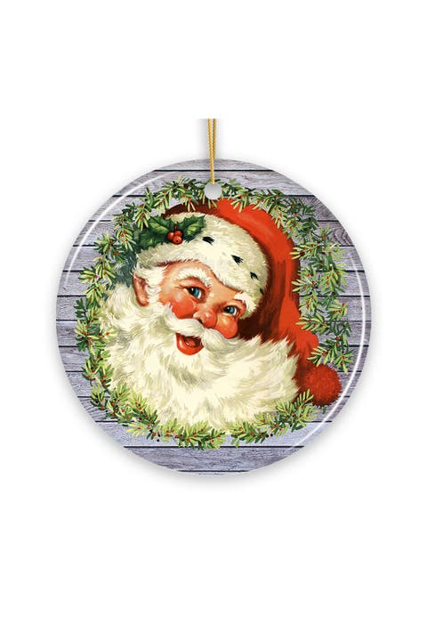Vintage Santa Wreath Round Ceramic Ornament - Version 1