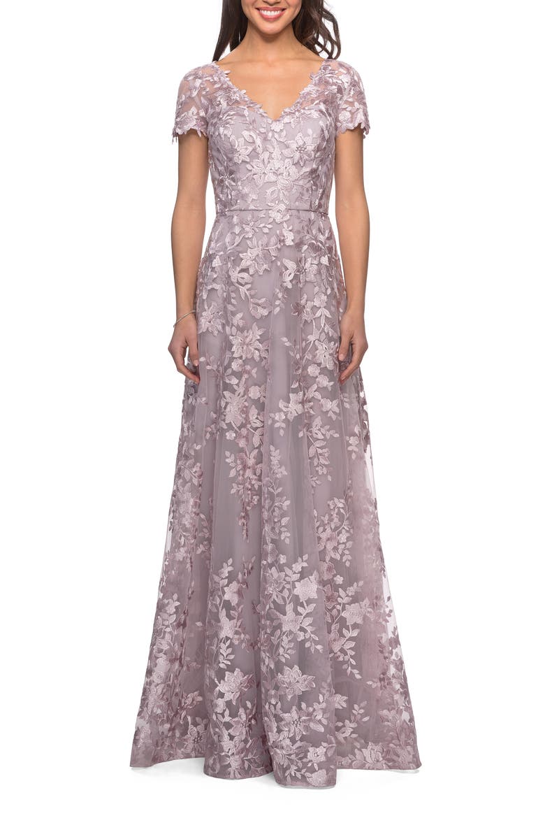Long Lace Evening Dress with Cap Sleeves, Main, color, Antique Blush