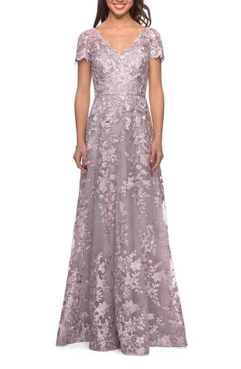 Long Lace Evening Dress with Cap Sleeves