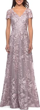 La Femme Long Lace Evening Dress with Cap Sleeves