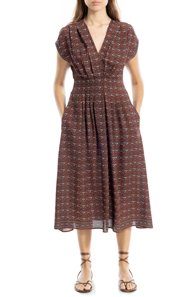 MAX STUDIO Front Pleat Midi Dress, Alternate, color, Brown Multi